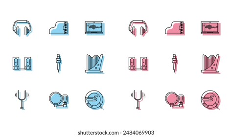 Set line Musical tuning fork, Microphone, Headphones, CD player, Harp, Stereo speaker and Grand piano icon. Vector