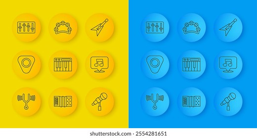 Set line Musical tuning fork, Guitar pick, synthesizer, Microphone, note, tone, Sound mixer controller, Electric bass guitar and Tambourine icon. Vector