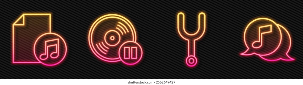 Set line Musical tuning fork, Music book with note, Vinyl disk and Musical note in speech bubble. Glowing neon icon. Vector