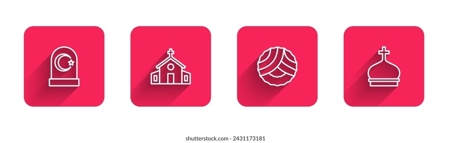 Set line Muslim cemetery, Church building, Memorial wreath and tower with long shadow. Red square button. Vector