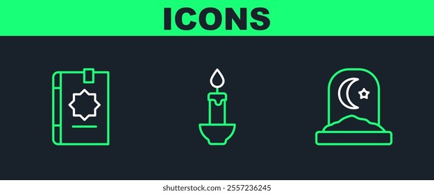 Set line Muslim cemetery, Holy book of Koran and Burning candle icon. Vector