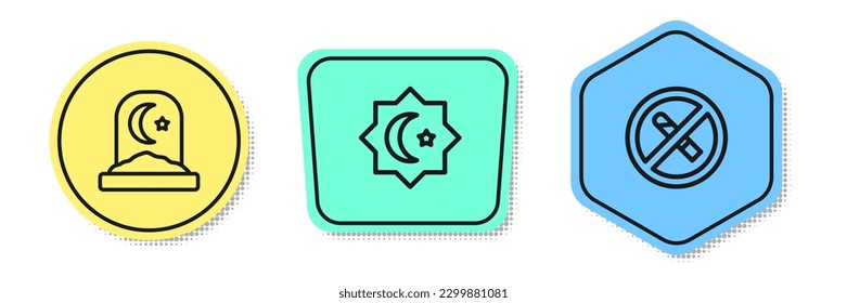 Set line Muslim cemetery, Octagonal star and No Smoking. Colored shapes. Vector