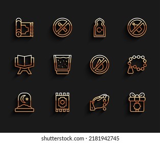 Set line Muslim cemetery, Traditional carpet, Hands in praying position, Gift box, Glass with water, Rosary beads religion and No icon. Vector