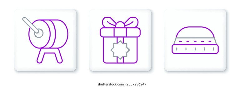 Set line Muslim hat for prayer, Ramadan drum and Gift box icon. Vector