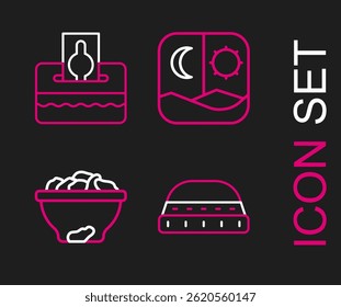 Set line Muslim hat for prayer, Date fruit in bowl, Ramadan fasting and Donate pay your zakat icon. Vector