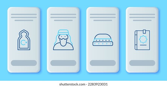 Set line Muslim man, hat for prayer, Mosque and Holy book of Koran icon. Vector