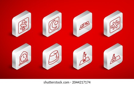 Set line Muslim man prays, Star and crescent, No sweets, alcohol, Turkish hat and Clock icon. Vector