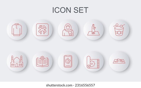Set line Muslim man prays, Mosque, woman in hijab, Traditional carpet, Shirt kurta, Ramadan fasting, Holy book of Koran and Star and crescent icon. Vector
