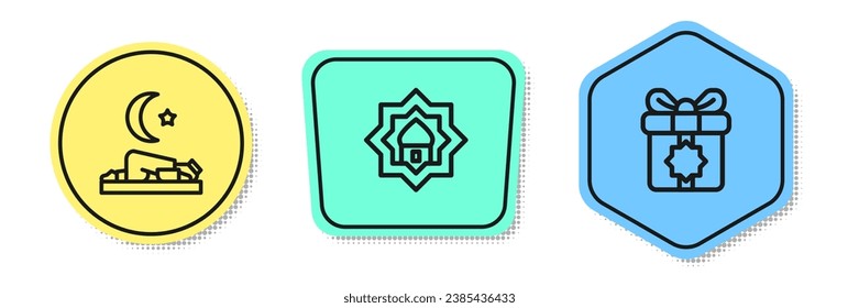 Set line Muslim man prays, Mosque and Gift box. Colored shapes. Vector