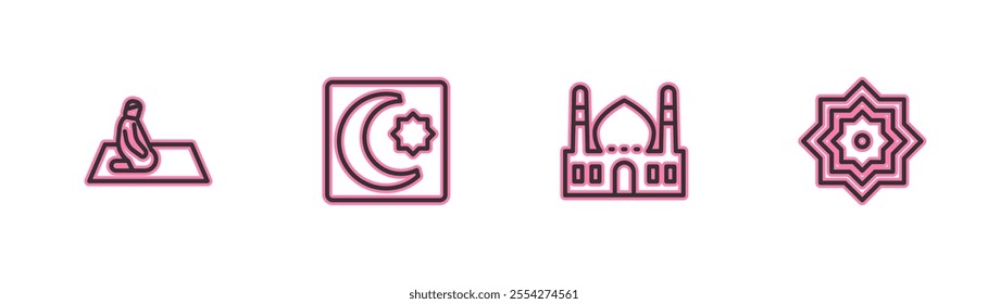 Set line Muslim man prays, Mosque, Star and crescent and Octagonal star icon. Vector