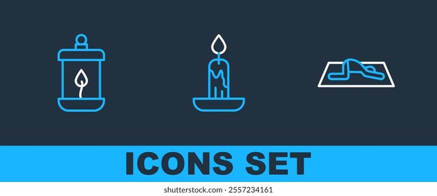 Set line Muslim man prays, Ramadan Kareem lantern and Burning candle icon. Vector