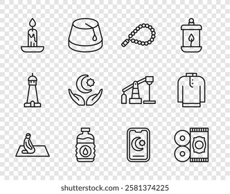 Set line Muslim man prays, Traditional carpet, Rosary beads religion, Bottle of water, Burning candle, Star crescent,  and Shirt kurta icon. Vector