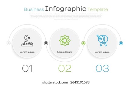 Set line homem muçulmano reza, estrela octogonal e tambor Ramadã. Modelo de infográfico comercial. Vetor