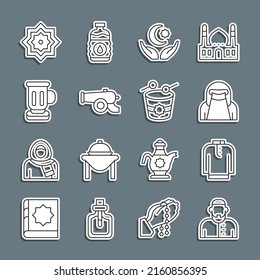 Set line Muslim man, Shirt kurta, woman in niqab, Star and crescent, Ramadan cannon, Medieval goblet, Octagonal star and drum icon. Vector