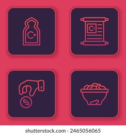 Set line Muslim Mosque, Donate or pay your zakat, Holy book of Koran and Date fruit in bowl. Blue square button. Vector