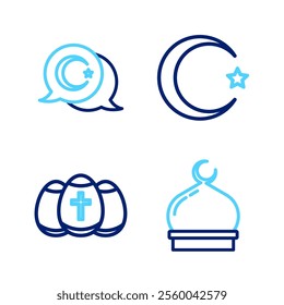 Set line Muslim Mosque, Easter egg, Star and crescent and  icon. Vector