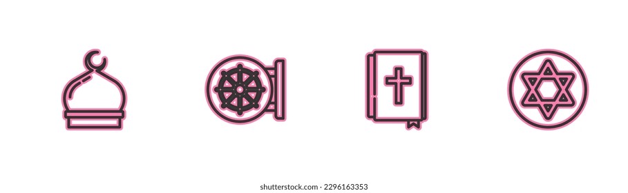 Set line Muslim Mosque, Holy bible book, Dharma wheel and Star of David icon. Vector