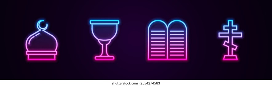 Set line Muslim Mosque, Holy grail or chalice, The commandments and Christian cross. Glowing neon icon. Vector