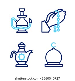 Set line Muslim Mosque, Islamic teapot, Hands in praying position and Hookah icon. Vector