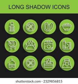 Set line Muslim Mosque, No Smoking, Ramadan Kareem lantern, Donate or pay your zakat, man, Traditional carpet and calendar icon. Vector
