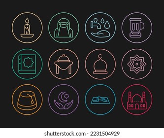 Set line Muslim Mosque, Octagonal star, Wudhu, Table food, Holy book of Koran, Burning candle,  and woman niqab icon. Vector
