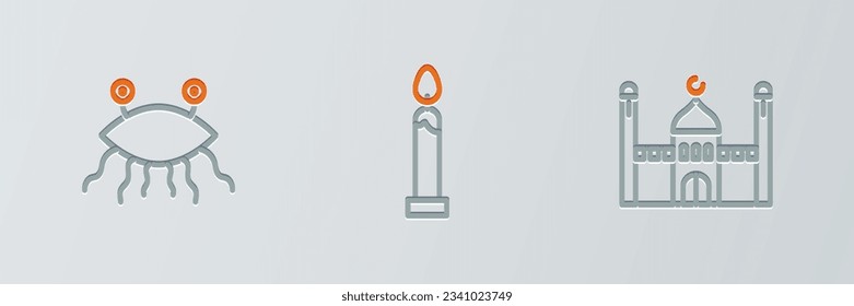 Set line Muslim Mosque, Pastafarianism and Burning candle icon. Vector