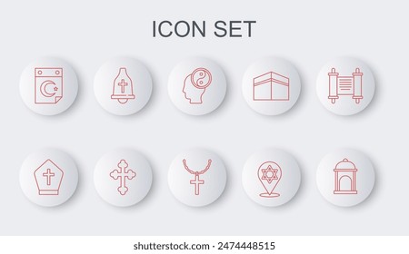 Set line Muslim Mosque, Pope hat, Yin Yang, Star of David, and crescent, Church bell, Christian cross and on chain icon. Vector