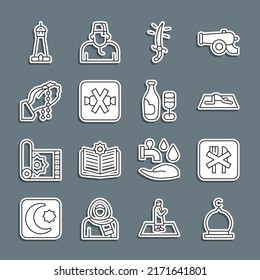Set line Muslim Mosque, Ramadan fasting, man prays, Arabian saber, No sweets, Hands praying position, tower or minaret and Wine bottle with glass icon. Vector