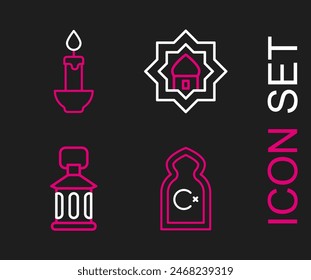 Set line Muslim Mosque, Ramadan Kareem lantern,  and Burning candle icon. Vector