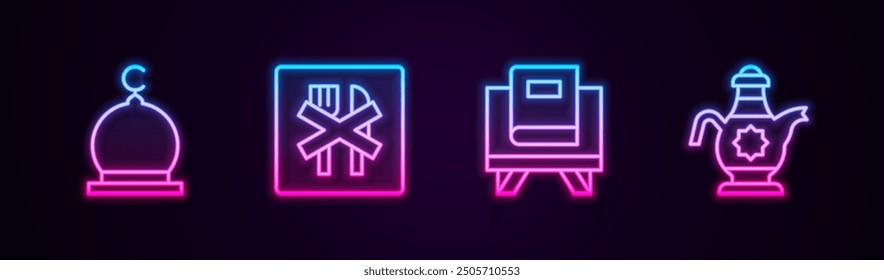 Set line Muslim Mosque, Ramadan fasting, Holy book of Koran and Islamic teapot. Glowing neon icon. Vector