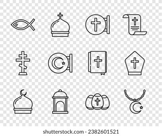 Set line Muslim Mosque, Star and crescent on chain, Christian cross, fish, Easter egg and Pope hat icon. Vector