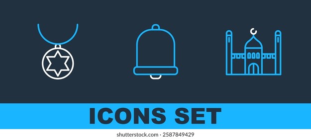 Set line Muslim Mosque, Star of David necklace on chain and Church bell icon. Vector