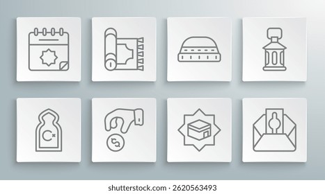 Set line Muslim Mosque, Traditional carpet, Donate or pay your zakat, Kaaba mosque, hat for prayer, Ramadan Kareem lantern and calendar icon. Vector