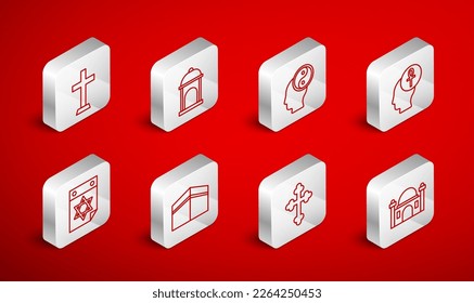 Set line Muslim Mosque, Yin Yang, Cross ankh, Christian cross, Kaaba mosque and Jewish calendar icon. Vector