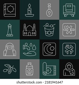 Set line Muslim woman in hijab, Ramadan fasting, No Smoking, Lute, Mosque, tower or minaret, Holy book of Koran and drum icon. Vector
