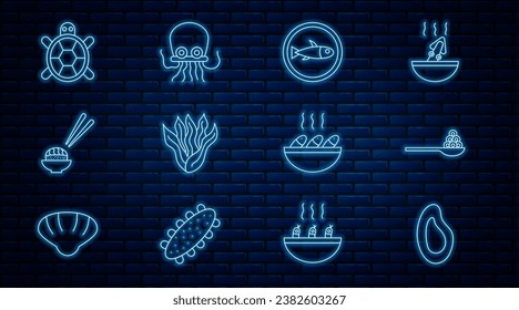 Set line Mussel, Caviar on a spoon, Served fish plate, Seaweed, Sushi, Turtle, Fish soup and Octopus icon. Vector