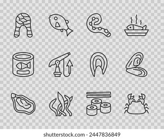 Mejillón, Cangrejo, Pulpo de tentáculo, Algas, Filete de pescado, Arpón de pesca, Sushi e icono. Vector