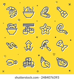 Set line Mussel, Fish tail, Octopus of tentacle, Sushi, Served fish on bowl, Shrimp and Starfish icon. Vector