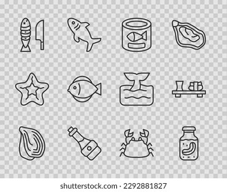 Set line Mussel, Sea cucumber in jar, Canned fish, Soy sauce bottle, Fish with sliced pieces, Crab and Sushi on cutting board icon. Vector