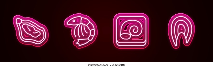 Set line Mussel, Shrimp, Octopus on a plate and Fish steak. Glowing neon icon. Vector