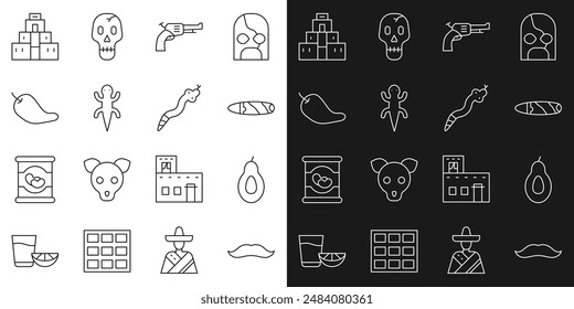 Bigote, aguacate, cigarro, revólver, lagarto, vaina de chile picante, chichén Itzá en maya e icono de serpiente. Vector