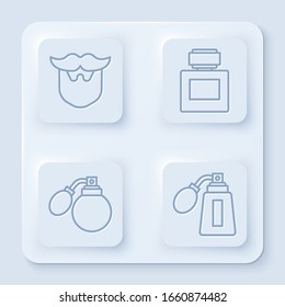 Set line Mustache and beard, Aftershave, Aftershave bottle with atomizer and Aftershave bottle with atomizer. White square button. Vector