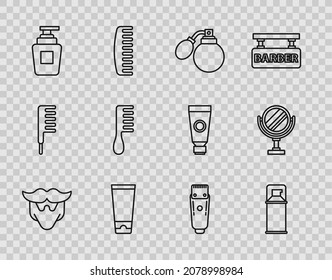 Set line Mustache and beard, Aftershave bottle with atomizer, Cream or lotion cosmetic tube, Bottle of shampoo, Hairbrush, Electrical hair clipper shaver and Round makeup mirror icon. Vector