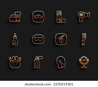 Set line Mustache and beard, Aftershave with atomizer, Shaving brush foam, Hand mirror, Hairbrush and Broken hair follicle icon. Vector