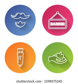 Set line Mustache and beard, Barbershop, Electrical hair clipper or shaver and Shaving gel foam on hand. Color circle button. Vector