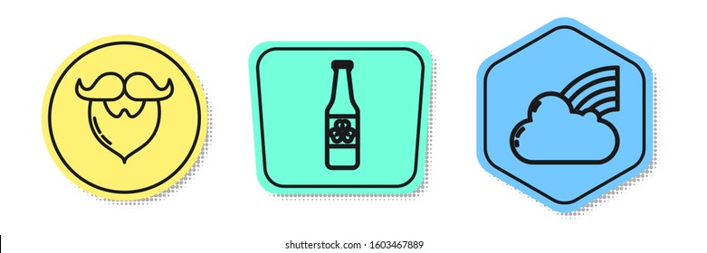 Set line Mustache and beard, Beer bottle with four leaf clover and Rainbow with cloud. Colored shapes. Vector
