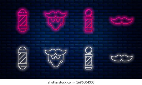 Set line Mustache and beard, Classic Barber shop pole, Classic Barber shop pole and Mustache. Glowing neon icon on brick wall. Vector