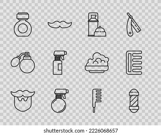 Set line Mustache and beard, Classic Barber shop pole, Shaving gel foam, Hairdresser pistol spray bottle, Aftershave, Hairbrush and  icon. Vector