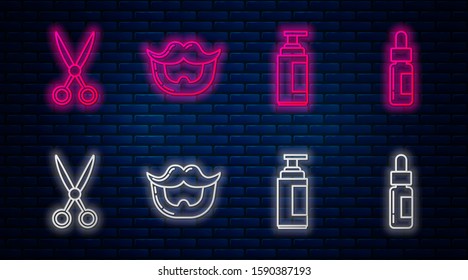 Set line Mustache and beard, Cream or lotion cosmetic tube, Scissors hairdresser and Glass bottle with a pipette. Glowing neon icon on brick wall. Vector