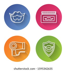 Set line Mustache and beard, Cream or lotion cosmetic jar, Hair dryer and Mustache and beard on shield. Color circle button. Vector